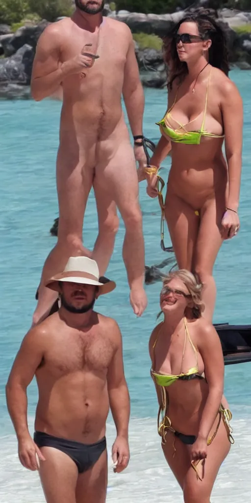 Image similar to photo of a 4 0 year old man that looks young for his age dating a very attractive 2 2 year old woman wearing a bikini. his wife is visibly upset in the background. lol