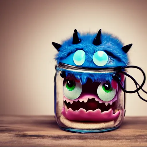 Image similar to cute monster in a jar, product photography, centered, studio lightning