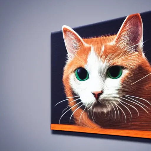 Image similar to Cat drawning himself with brush on canvas, realistic 3d render,