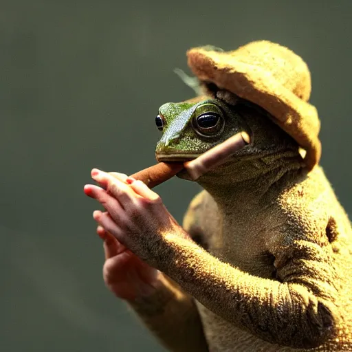 Prompt: a photo of 🐸 smoking a cigar