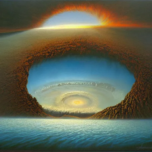 Image similar to a painting of a giant vortex hole in lake tahoe, a surrealist painting by Bob Eggleton, deviantart, nuclear art, apocalypse art, apocalypse landscape, hyper realism