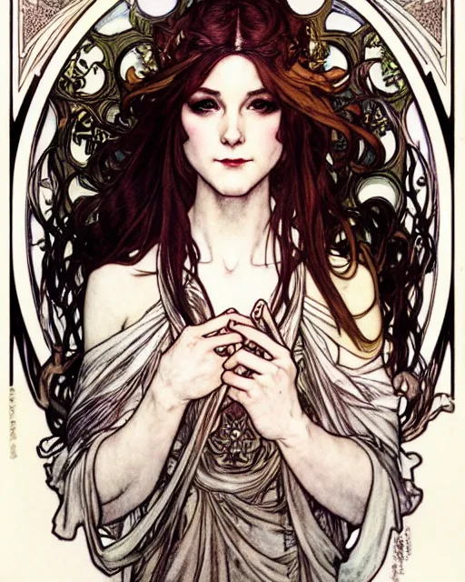 Image similar to in the style of artgerm, arthur rackham, alphonse mucha, evan rachel wood, symmetrical eyes, symmetrical face, flowing white dress