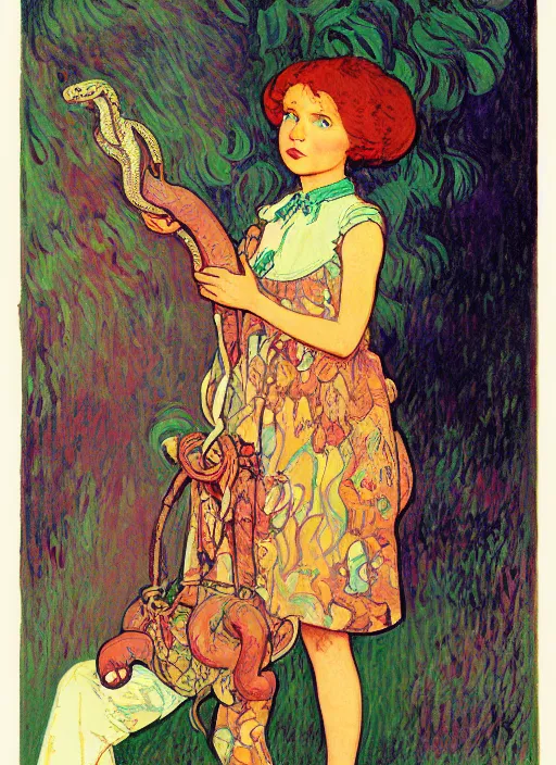 Prompt: an art nouveau copic maker illustration of a russian young girl holding a snake by kilian eng, monet and norman rockwell