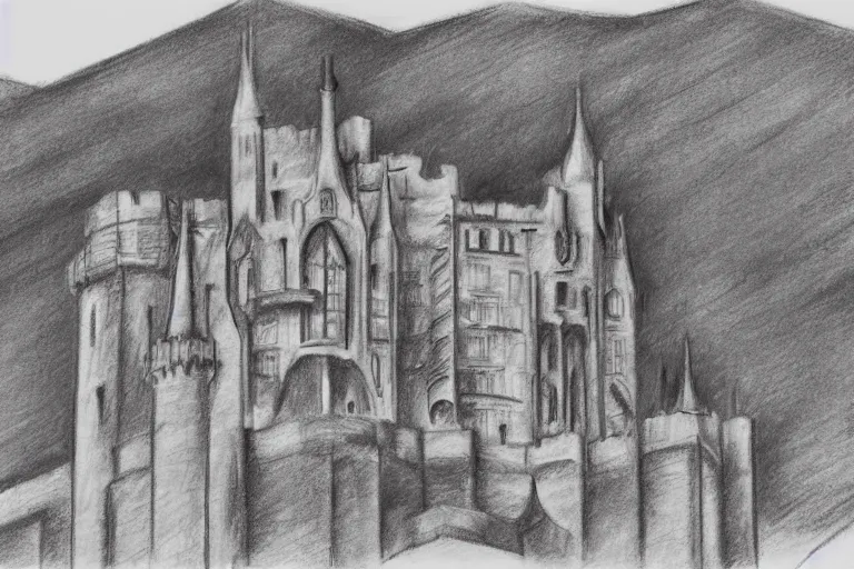 Prompt: an sketch of a castle on the hill of a mountain design by antoni gaudi, charcoal drawing, highly detailed, 8 k