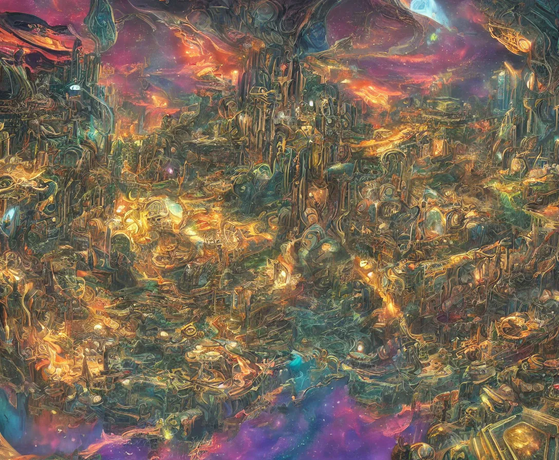 Image similar to detailed painting of an intricate fantasy sci-fi-world, colorful, dreamy