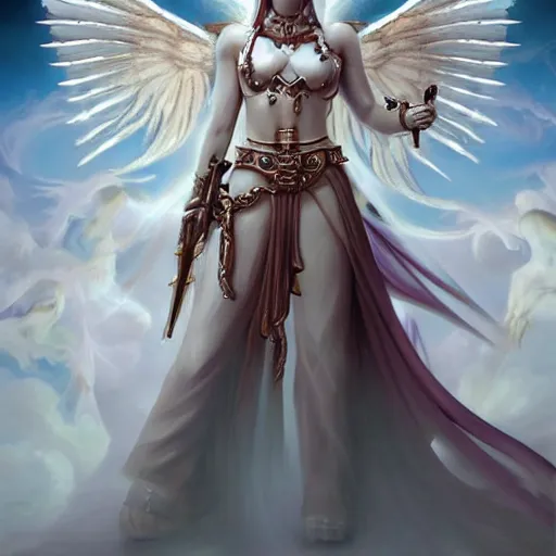 Prompt: an airbrush painting, an ultrafine detailed painting, of a white angel holding a sword and a sword, digital art by Anne Stokes, and by Hsiao-Ron Cheng , and by deviantart and by An Gyeon. Featured on devianart, featured on cgsociety, fantasy art, angelic photograph, wiccan, daz3d, mystical, tarot card, deviantart, artstation hd