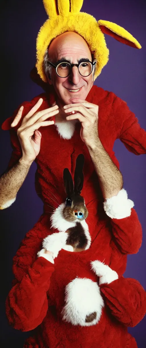 Image similar to award winning photo of larry david playing poker wearing bunny costume, vivid colors, happy, symmetrical face, beautiful eyes, studio lighting, wide shot art by Sally Mann & Arnold Newman