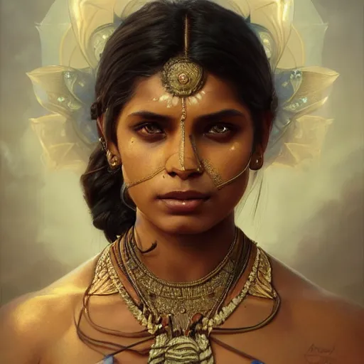 Prompt: portrait painting of a muscular indian girl, ultra realistic, concept art, intricate details, eerie, highly detailed, photorealistic, octane render, 8 k, unreal engine. art by artgerm and greg rutkowski and alphonse mucha