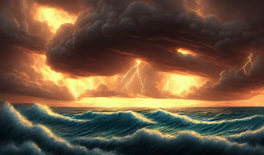 Image similar to ocean storm at dusk, giant spongebob emerging from water, golden hour lighting, cinematic, establishing shot, extremely high detail, photorealistic, cinematic lighting, post-processed, concept art, artstation, matte painting in the style of eddie mendoza, adam hughes, bob ross