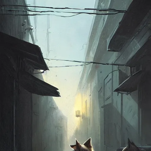 Image similar to a cute fluffy caracal in a dark alley by greg rutkowski