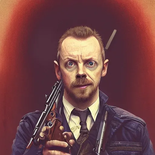 Image similar to portrait of simon pegg in the london of suburbs, winchester rifle, zombie apocalypse, joyful smirk, intricate, elegant, highly detailed, digital painting, artstation, concept art, matte, sharp focus, illustration, art by artgerm and greg rutkowski and alphonse mucha