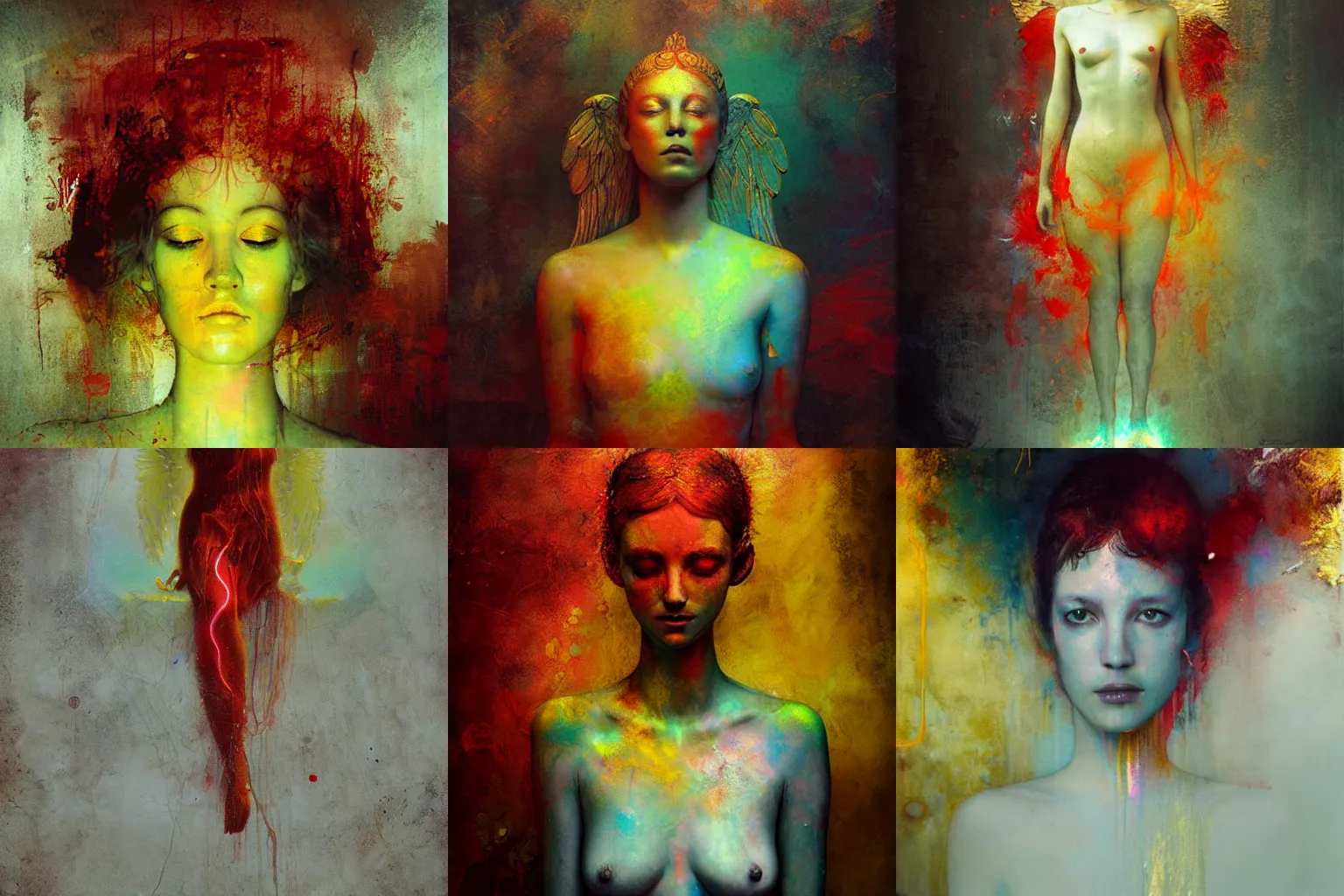 Prompt: goddess angel of tranquility by cy Twombly and BASTIEN LECOUFFE DEHARME, red and yellow, iridescent, volumetric lighting