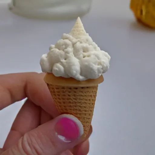 Prompt: a photograph of an ice cream cone skeleton in a miniature ice cream coffin.