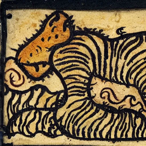 Image similar to bad drawn tiger made of smoke, lava and fire flying in the sky with many legs in a medieval manuscript, medieval manuscript, golden miniatures