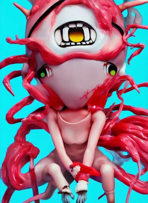 Image similar to a dramatic hyperrealistic pop surrealist oil panting of an enraged grotesque kawaii vocaloid figurine caricature screaming red in the face lunging with popping veins featured on akira by sony pictures animation made of madballs