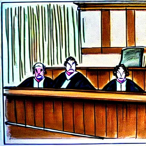 Image similar to [ prompt ridiculous courtroom scene drawn by marilyn church ]