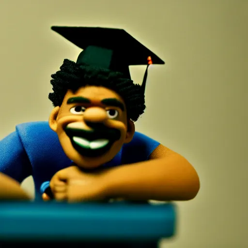 Image similar to a cinematic film still of a claymation stop motion film starring chance the rapper as a college student, shallow depth of field, 8 0 mm, f 1. 8