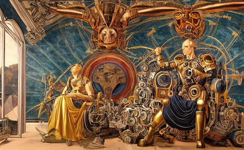 Image similar to beautifully painted mural of a mechanical cyborg king in ornate royal metallic fabric sitting in his royal throne room, piercing glowing eyes, sci fi scenery, fantasy setting, mural in the style of sandro botticelli, caravaggio, albrecth durer