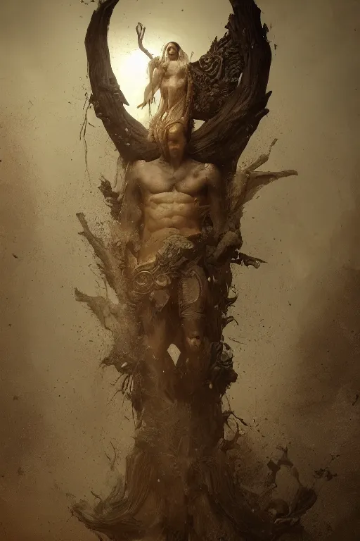 Prompt: portrait of a god floating in the air, ancient wood environment, Cinematic lighting with glare, insanely detailed, trending on artstation, golden ratio, concept art by Agesandro de Rodas & Emil Melmoth