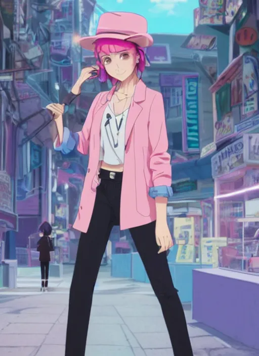 Image similar to a young woman, with a wavy short pink hair and pink fedora hat, wearing a light pink jacket with a dark blue tie, purple gloves and blue jeans shorts and white shoes. She is holding blue neon strings tied on her hand, rich vivid colors, ambient lighting, dynamic lighting, 4k, official media, anime key visual, makoto shinkai, ilya kuvshinov, lois van baarle, rossdraws, detailed, trending on artstation