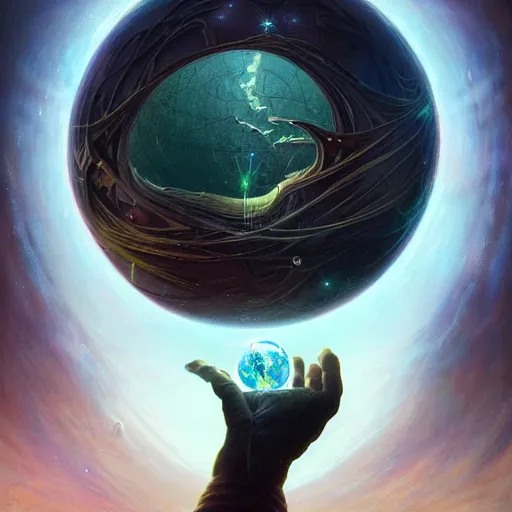 Image similar to the creator of worlds wearing a cloak and holding a holographic planet projection in his hand, detailed, sci - fi, digital painting, artstation, sharp focus, illustration, ominous, artgerm, tomasz alen kopera, peter mohrbacher, donato giancola, joseph christian leyendecker, wlop, frank frazetta