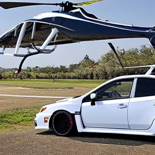 Image similar to a subaru WRX converted into a helicopter