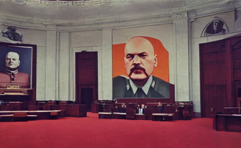Prompt: 60s movie still of a stalinist style parlement with a giant portrait of Lenin, by Irving Penn , cinestill 800t 35mm eastmancolor, heavy grainy picture, very detailed, high quality, 4k, HD criterion, precise texture