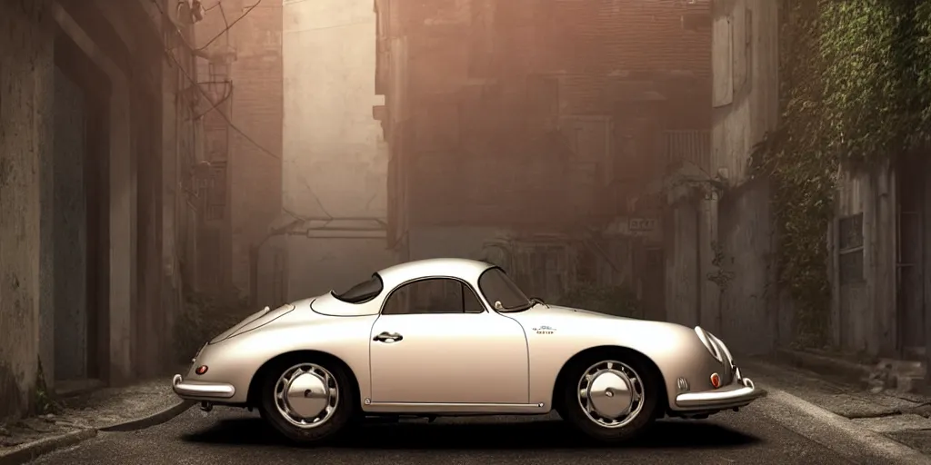 Image similar to a wholesome animation key shot of a focused old silver Porsche 356 roadster car parked in an abandoned alleyway, medium shot, waist up, studio Ghibli, Pixar and Disney animation, sharp, very detailed, high resolution, Rendered in Unreal Engine 5, anime key art by Greg Rutkowski, Bloom, dramatic lighting