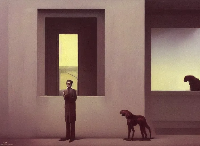 Prompt: portrait painting of a man and his dog, science fiction, Edward Hopper and James Gilleard, Zdzislaw Beksinski highly detailed