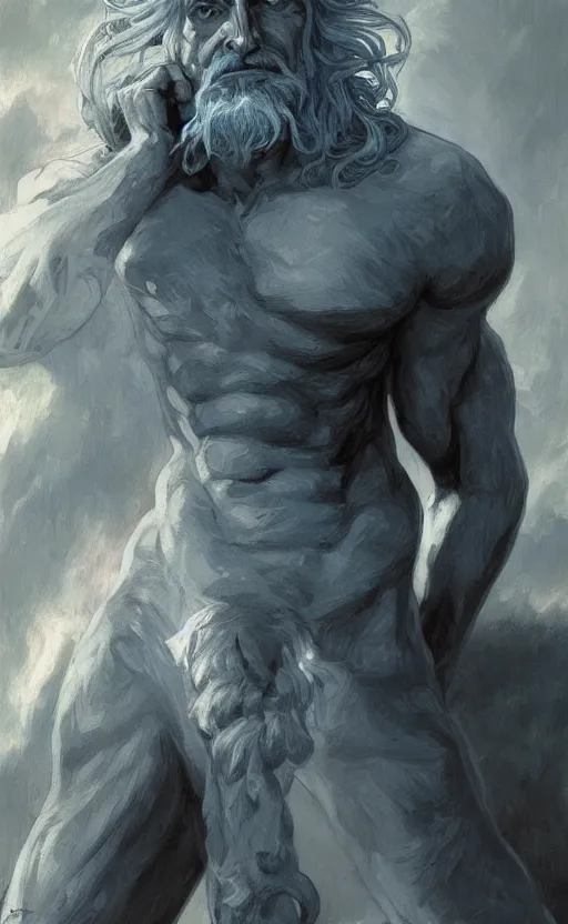 Image similar to rick sanchez, norse god, blue hair, masculine, mature, handsome, upper body, grey and silver, muscular, hairy torso, fantasy, intricate, muscular, elegant, highly detailed, digital painting, artstation, concept art, smooth, sharp focus, illustration, art by gaston bussiere and alphonse mucha