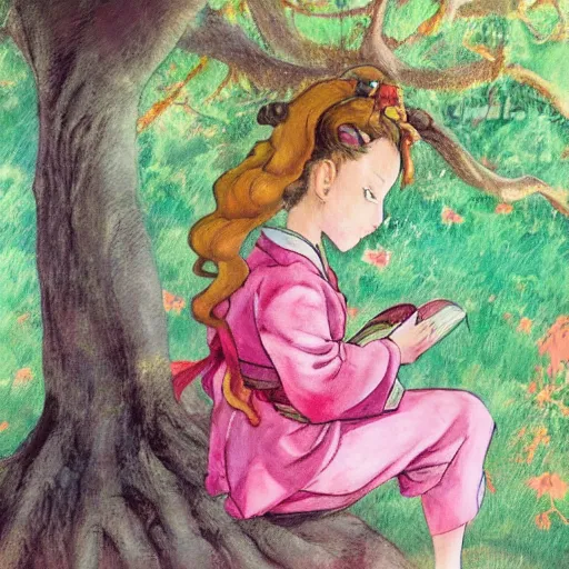 Prompt: little girl with long curly red hair dressed in a pink kimono and sitting next to a tree while reading a book, artwork made in street fighter art style inspired in balthus and made in abyss
