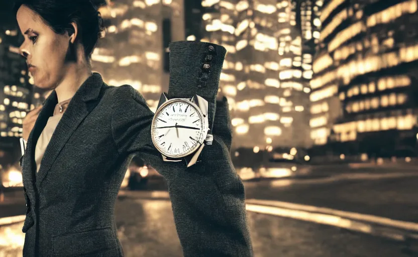 Image similar to a wide shot of a woman with a wool suit, wearing an omega speedmaster on her wrist in a dystopian city at night with cyberpunk lights