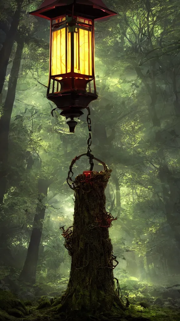 Image similar to glowing lantern in a fantasy forest at night, artstation hq, photorealistic, hiperrealistic, sharp focus, 4 k uhd, unreal engine 5, cinematic shot, cinematic lightning, dark tones, high contrast, intricate, masterpiece