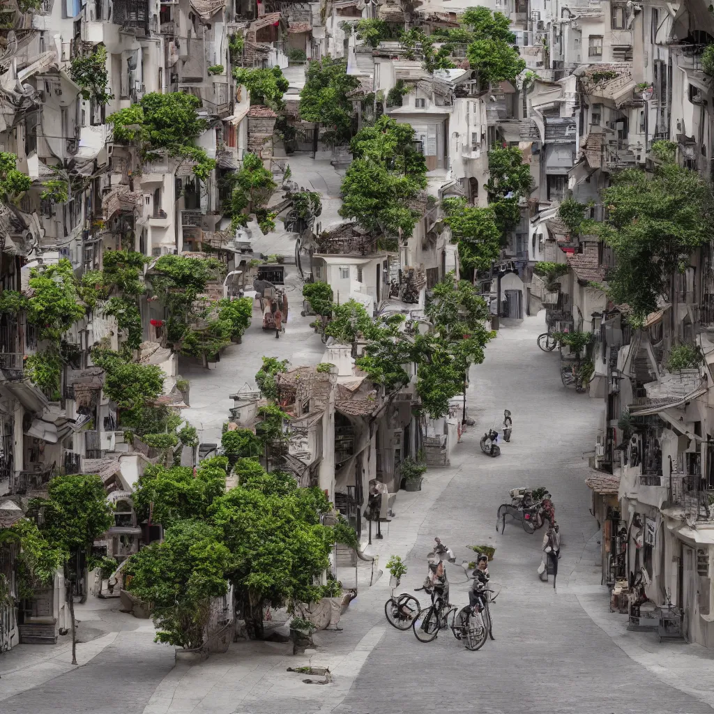 Prompt: a perfect street with no cars, houses designed by famous architect. bikes. cinematic, 8 k, inspirational.