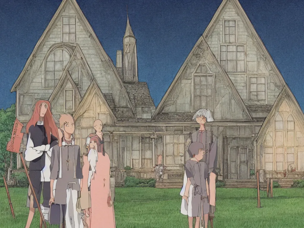 Image similar to american gothic in detailed studio ghibli anime style