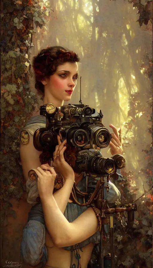 Image similar to hyper realistic photographer looking through camera towards viewer, magical, steampunk, painted by james gurney, norman rockwell, tom bagshaw, mucha, gaston bussiere, craig mullins, j. c. leyendecker 8 k