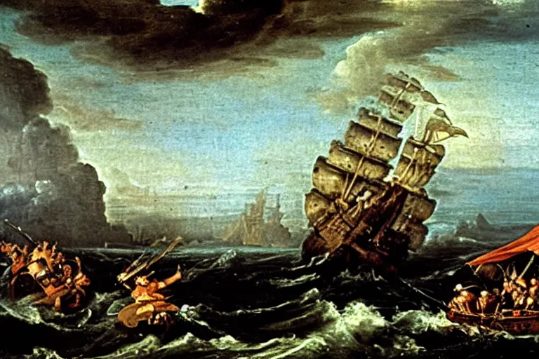 Image similar to A Kraken attacks a ship, Claude Lorrain (1648), oil on canvas, detailed brushstrokes