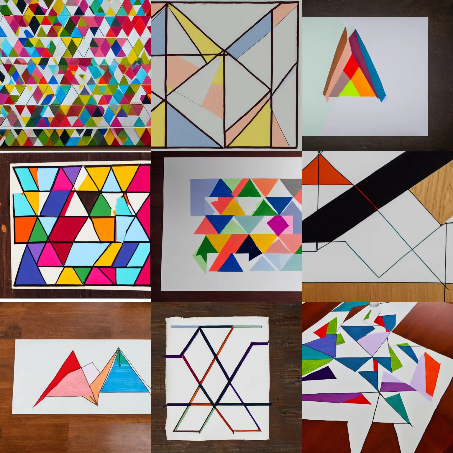 Prompt: several well separated triangles and perfect squares of all colors are drawn on a large white sheet of paper. side view. on a large wooden table.