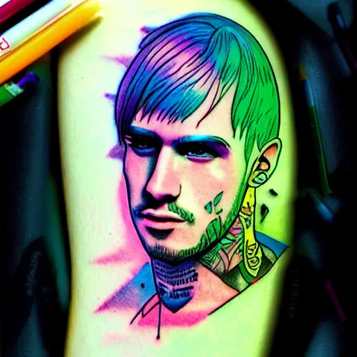Prompt: lil peep tattoos neon colors trending on artstation, digital illustration
