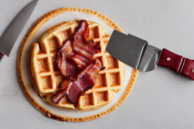 Image similar to product photography of a waffle, bacon, and knife