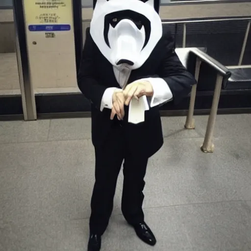 Image similar to a man in a tux wearing a white wolf mask playing the violin at a dirty metro station, unnerving, creepy, terrifying.