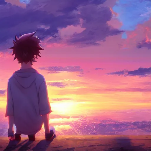 Prompt: anime boy watching sunset, hyperrealistic, hyperdetalied, high quality, 8 k, high rendering, photorealistic, cinematic, cgsociety, artstation,