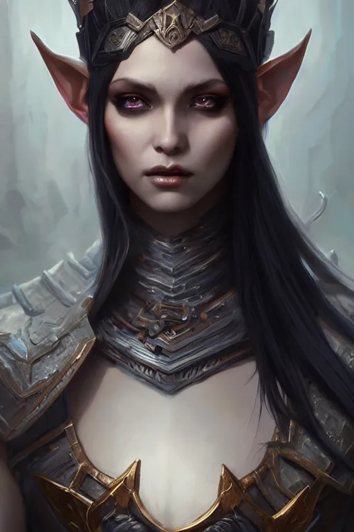 Image similar to dark elf princess, highly detailed, d & d, fantasy, highly detailed, digital painting, trending on artstation, concept art, sharp focus, illustration, art by artgerm and greg rutkowski and fuji choko and viktoria gavrilenko and hoang lap