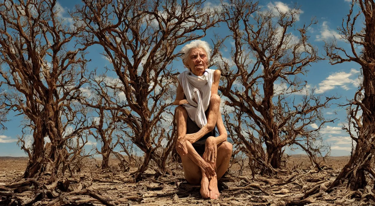 Image similar to 65-year-old Gaia, crying one single tear, facing the camera and sitting on a dried up river in a desolate land, dead trees, blue sky, hot and sunny, highly-detailed, elegant, dramatic lighting, artstation, 4k, cinematic landscape, photograph by Elisabeth Gadd