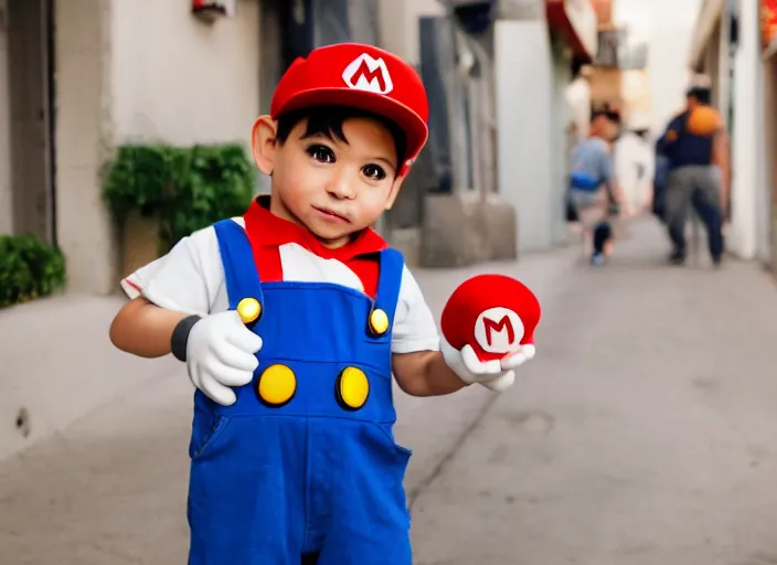 Prompt: super mario as a drug dealer selling a magic mushroom in the alleys of los angeles, super mario in real life, red hat, blue overalls, canon eos r 3, f / 1. 4, iso 2 0 0, 1 / 1 6 0 s, 8 k, raw, unedited, symmetrical balance, wide angle