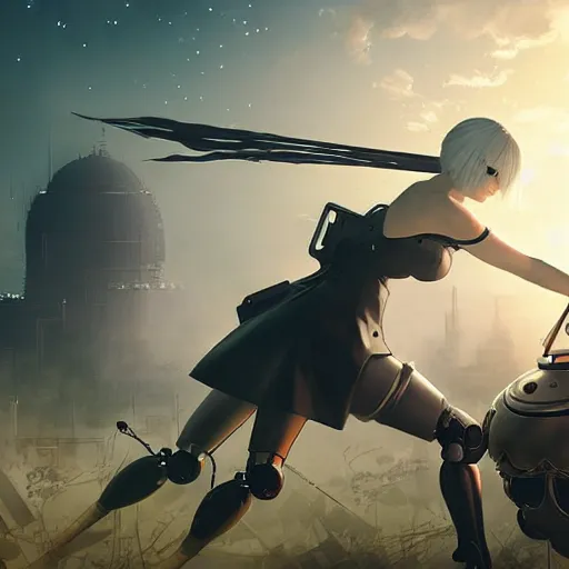 Image similar to 2 b nier automata fighting a robot, art by moebius, starry sky, gorgeous clouds, god rays, fantasy art, octane render, ureal engine, high detail, alphonse mucha, greg rutkowski, james gurney, johannes voss