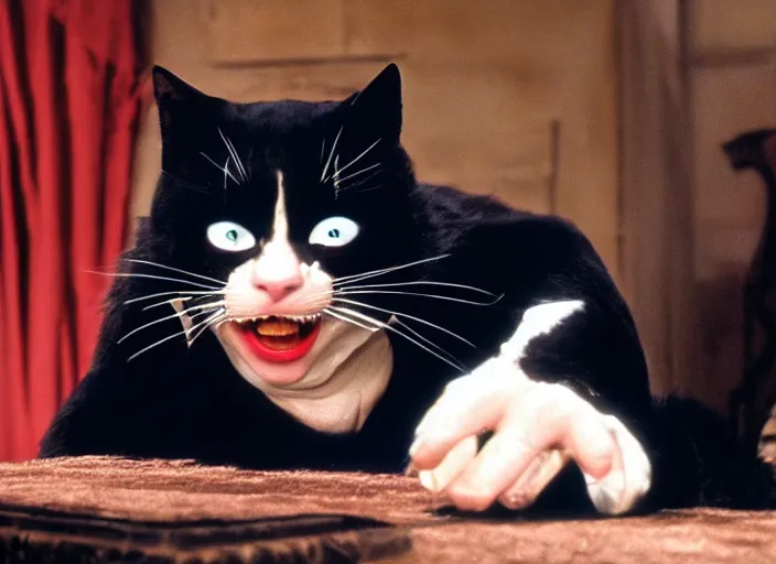 Image similar to film still of Danny Devito as Mr Mistoffelees in Cats, 4k