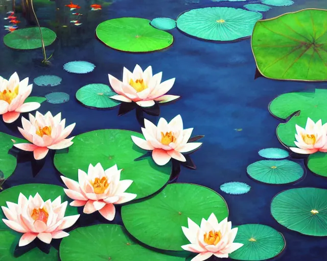 Image similar to koi pond, lotus flowers, dark blue water, green lily pads, goldfish, a fantasy digital painting by makoto shinkai and James Gurney, trending on artstation,