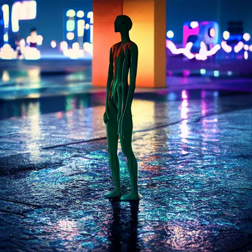 Image similar to a human sculpture made out of rain, neon, beautiful, rendered in octane, unreal engine, realistic