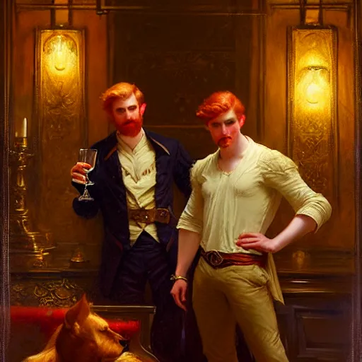 Prompt: attractive male mike with ginger hair and attractive male tyler with brunet hair, drinking their hearts out, in their noble mansion, at night. highly detailed painting by gaston bussiere, craig mullins, j. c. leyendecker 8 k